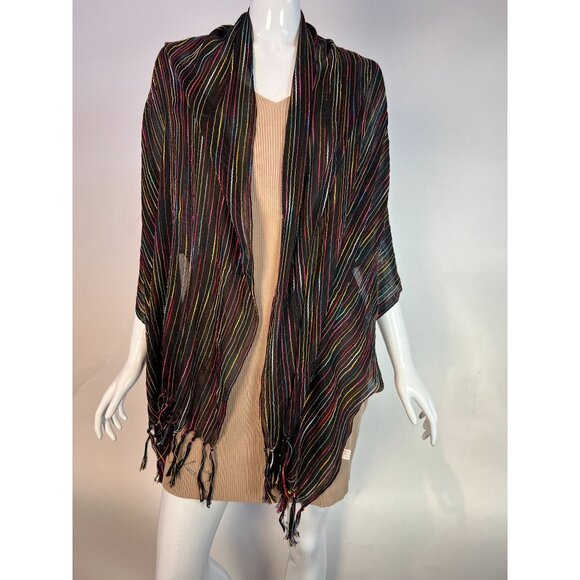 Multicolor Striped Scarf With Fringe Cotton 26 inches x 67 Inches - Picture 1 of 16